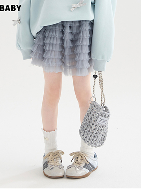 senbaby童装女童网纱蓬蓬裙2026早春新款儿童防走光灰色层层纱裙