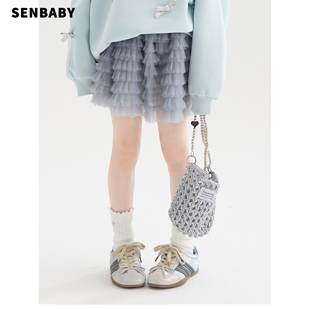 senbaby童装女童网纱蓬蓬裙2026早春新款儿童防走光灰色层层纱裙