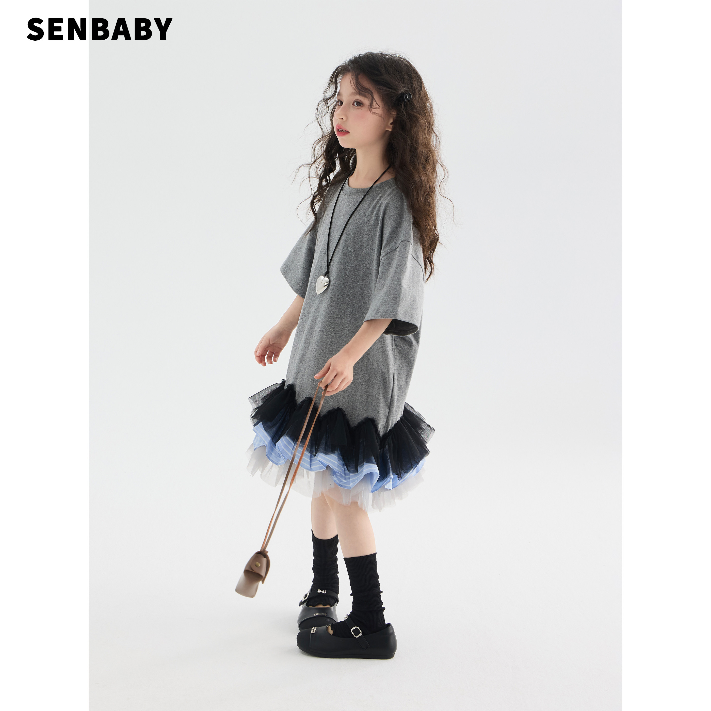 senbaby童装女童套头T恤裙子2026新款休闲圆领儿童重工拼纱连衣裙