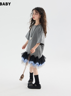 senbaby童装女童套头T恤裙子2026新款休闲圆领儿童重工拼纱连衣裙