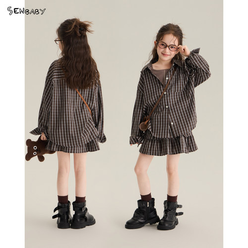 【现货】senbaby童装26秋款女童套装格子衬衫外套+半身裙两件套