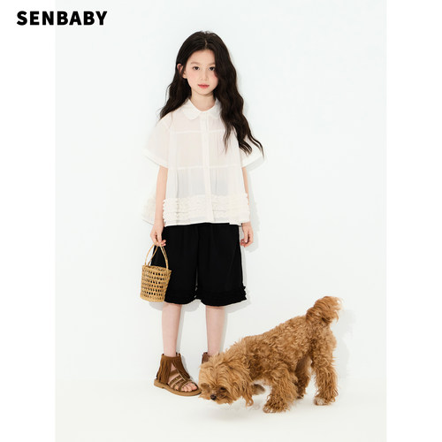【现货】senbaby童装女童夏季套装儿童短袖娃娃衬衫中裤两件套