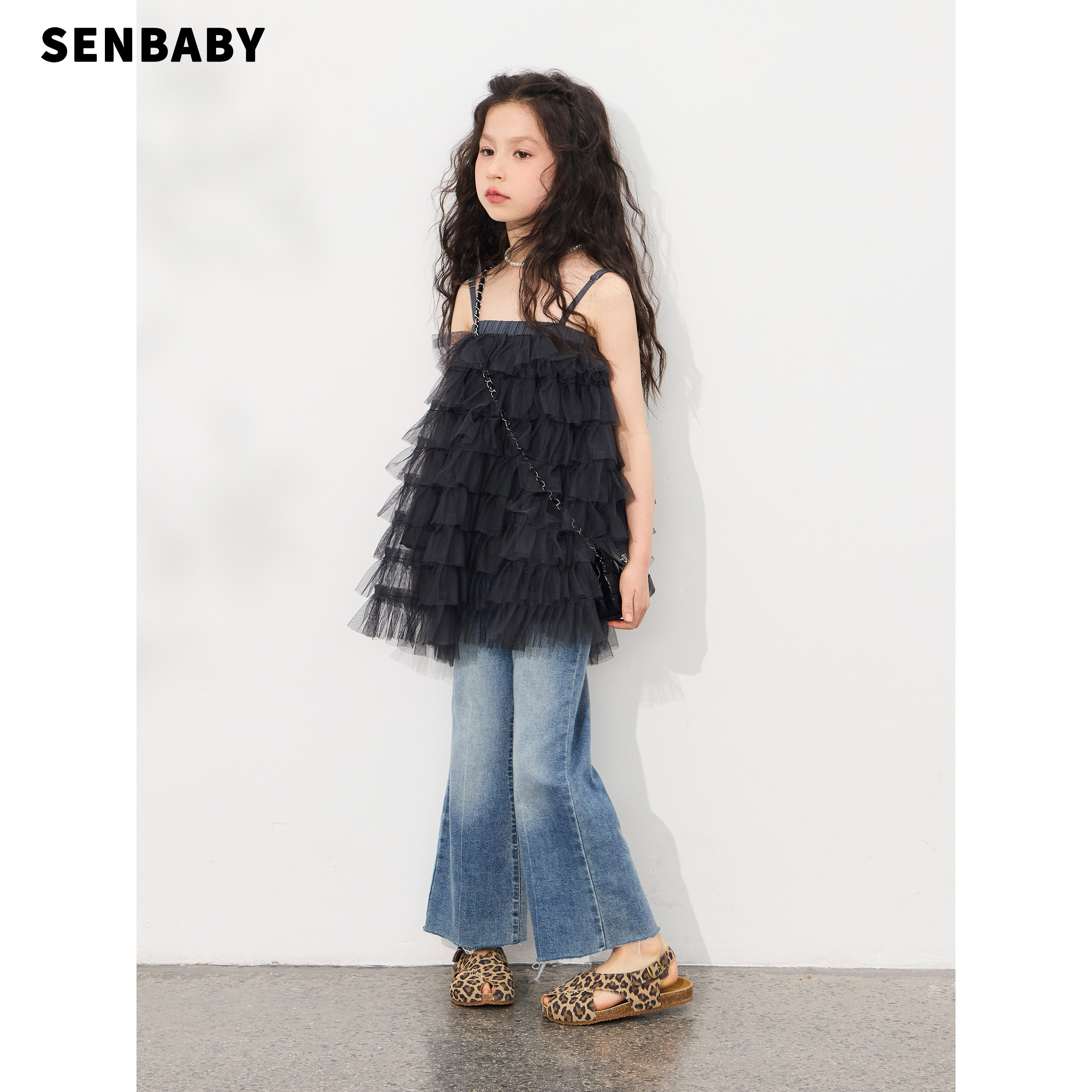senbaby童装女童网纱吊带上衣2026夏季新款韩版儿童层层纱吊带