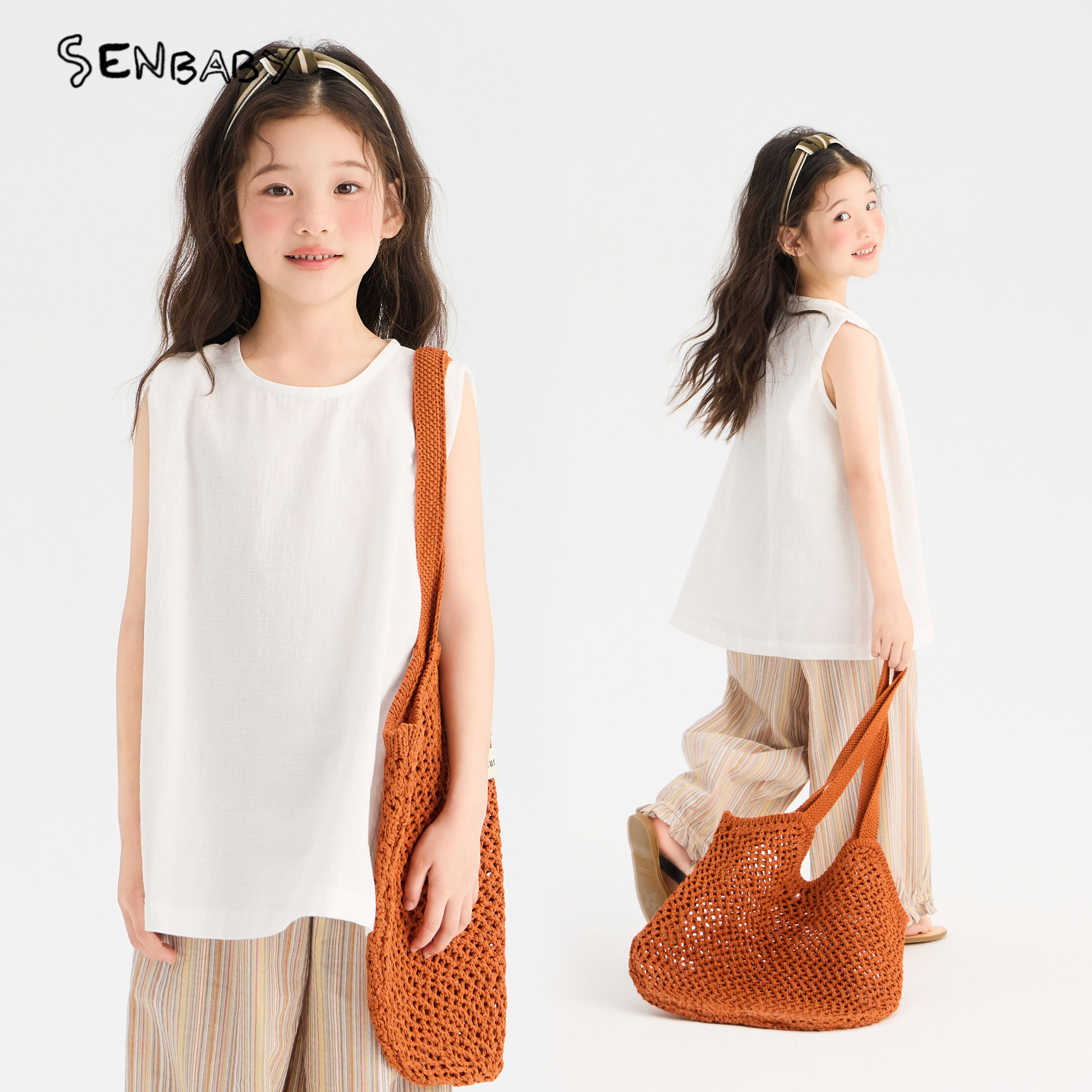 【现货】senbaby童装女童夏季休闲套装白色无袖上衣长裤两件套图片