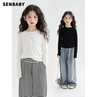 女童圆领套头长袖 打底衫 T春季 儿童黑白色字母长袖 新款 senbaby童装