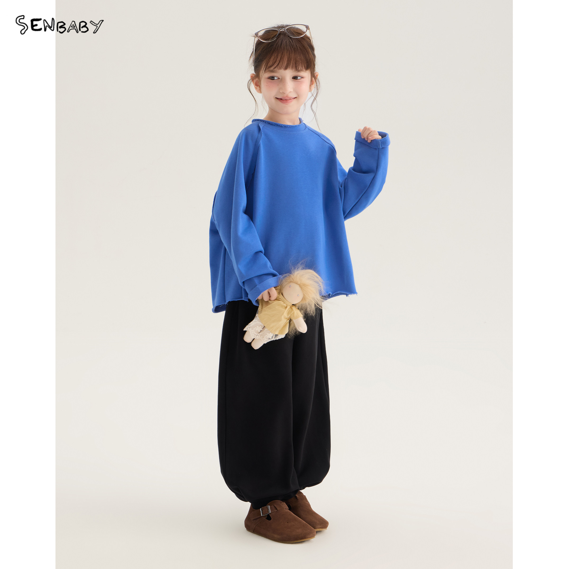 senbaby童装女童2026秋装新款上衣儿童圆领长袖毛边蓝色卫衣图片