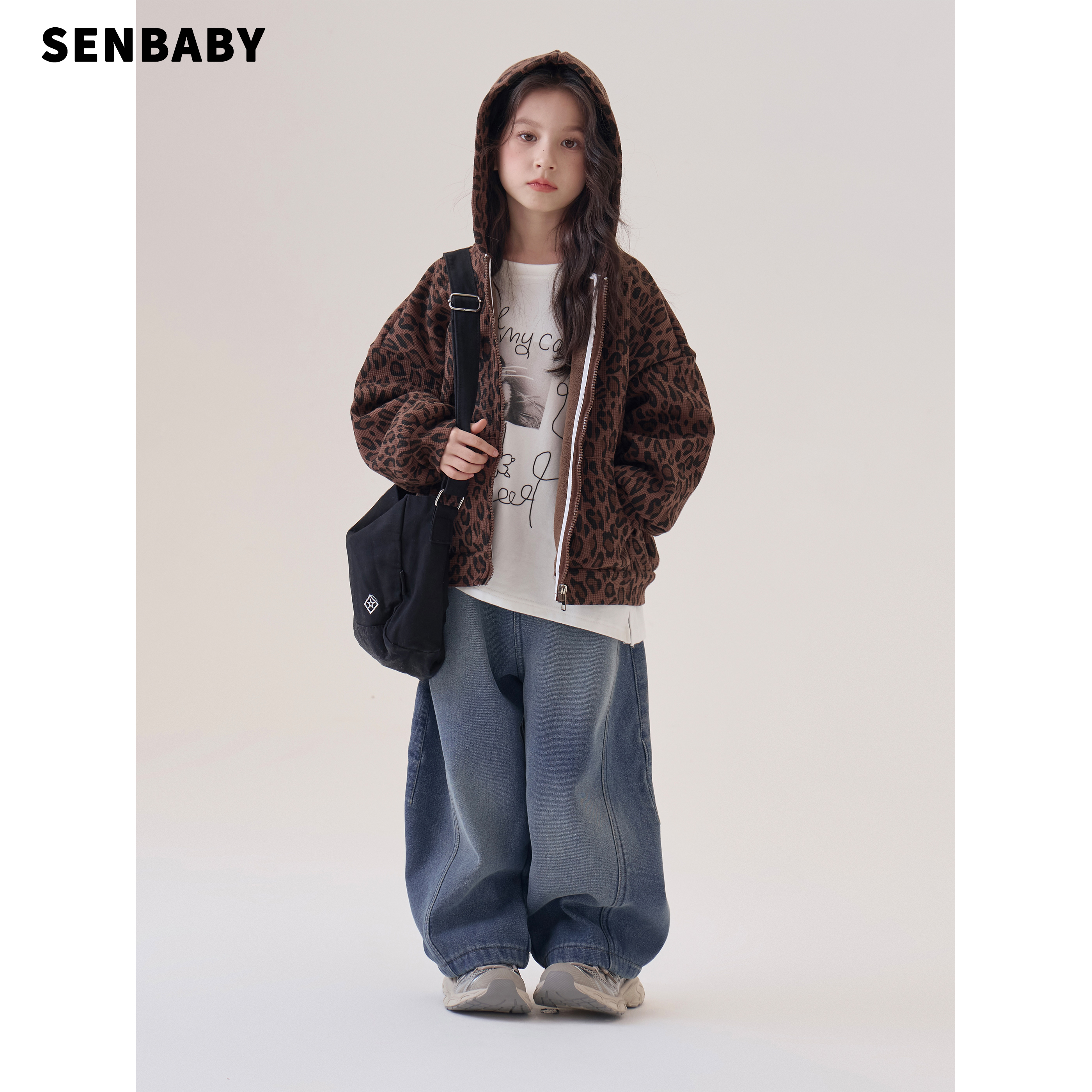 senbaby童装 女童连帽上衣2025年秋冬韩版儿童休闲加绒豹纹外套