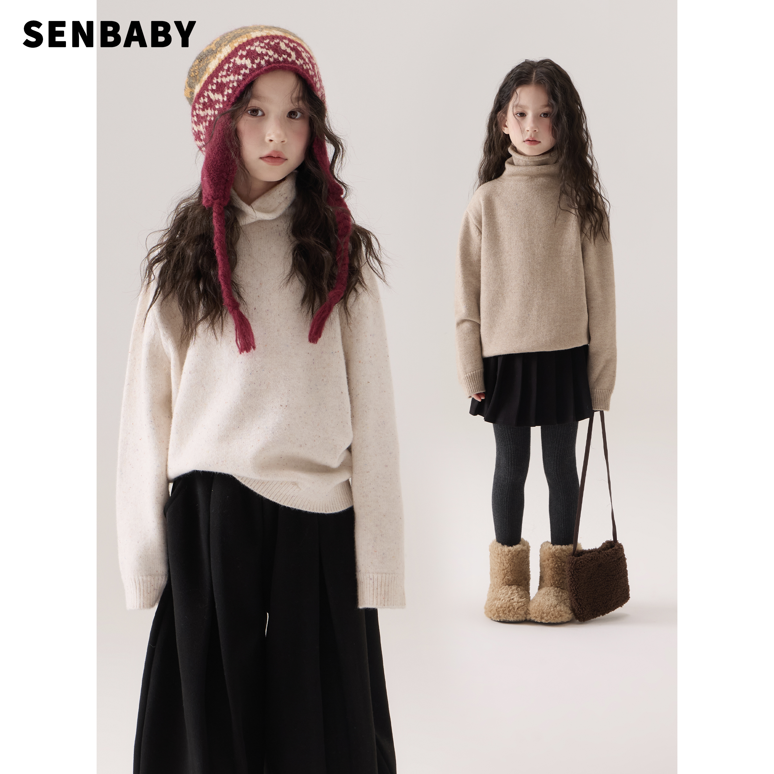 senbaby童装女童套头针织衫2025冬新款儿童长袖高领纯色彩点毛衣