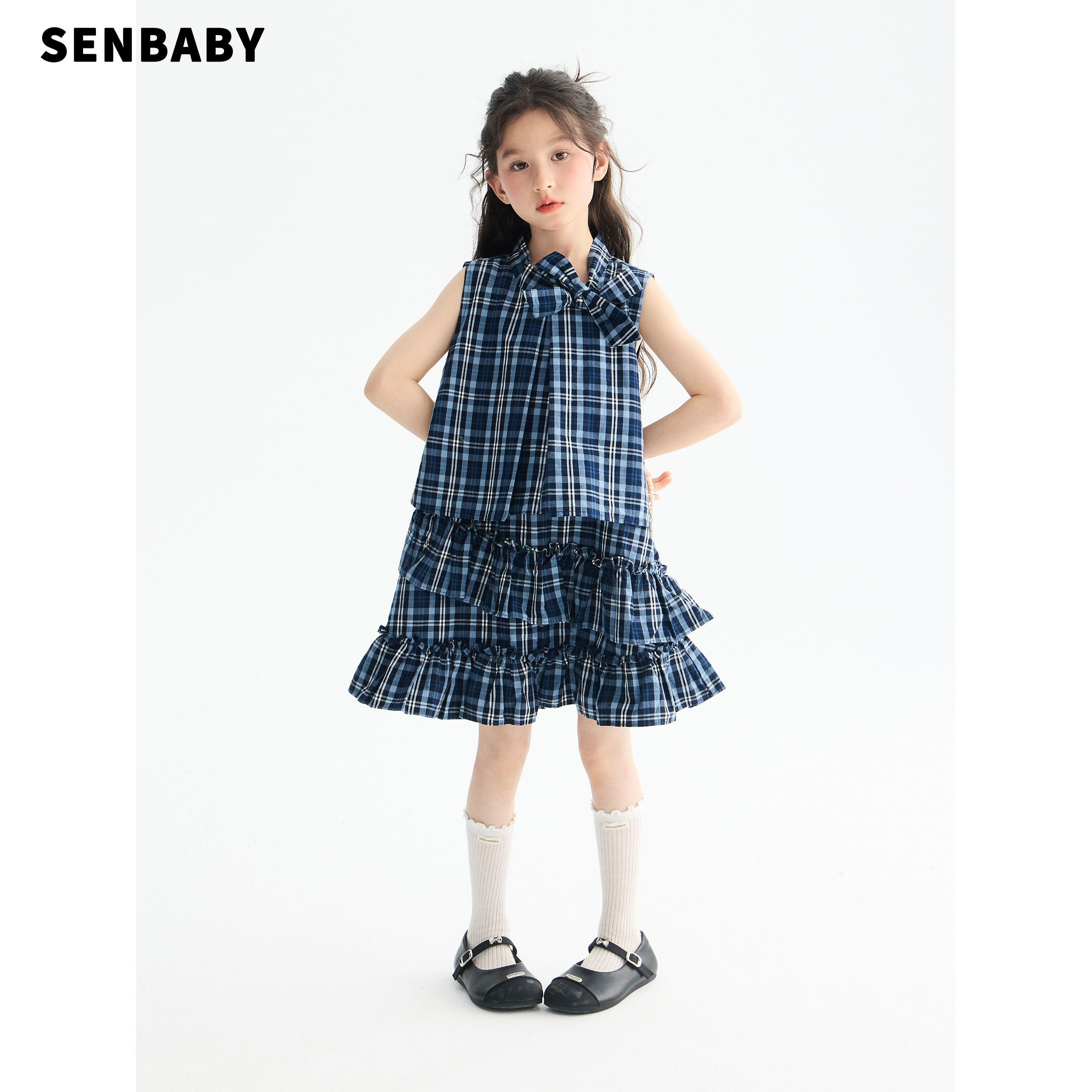 senbaby童装女童无袖格子背心裙中长款儿童立体蝴蝶结格纹连衣裙