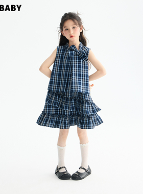 senbaby童装女童无袖格子背心裙中长款儿童立体蝴蝶结格纹连衣裙