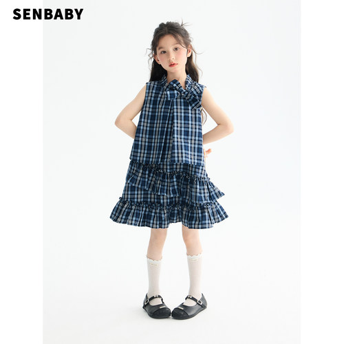 senbaby童装女童无袖格子背心裙中长款儿童立体蝴蝶结格纹连衣裙