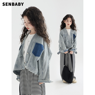 senbaby童装女童26春装设计款牛仔上衣儿童时尚个性口袋牛仔外套