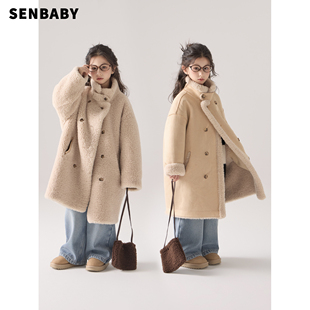 【现货】senbaby童装女童大衣外套2025冬长款双面穿一体毛绒大衣