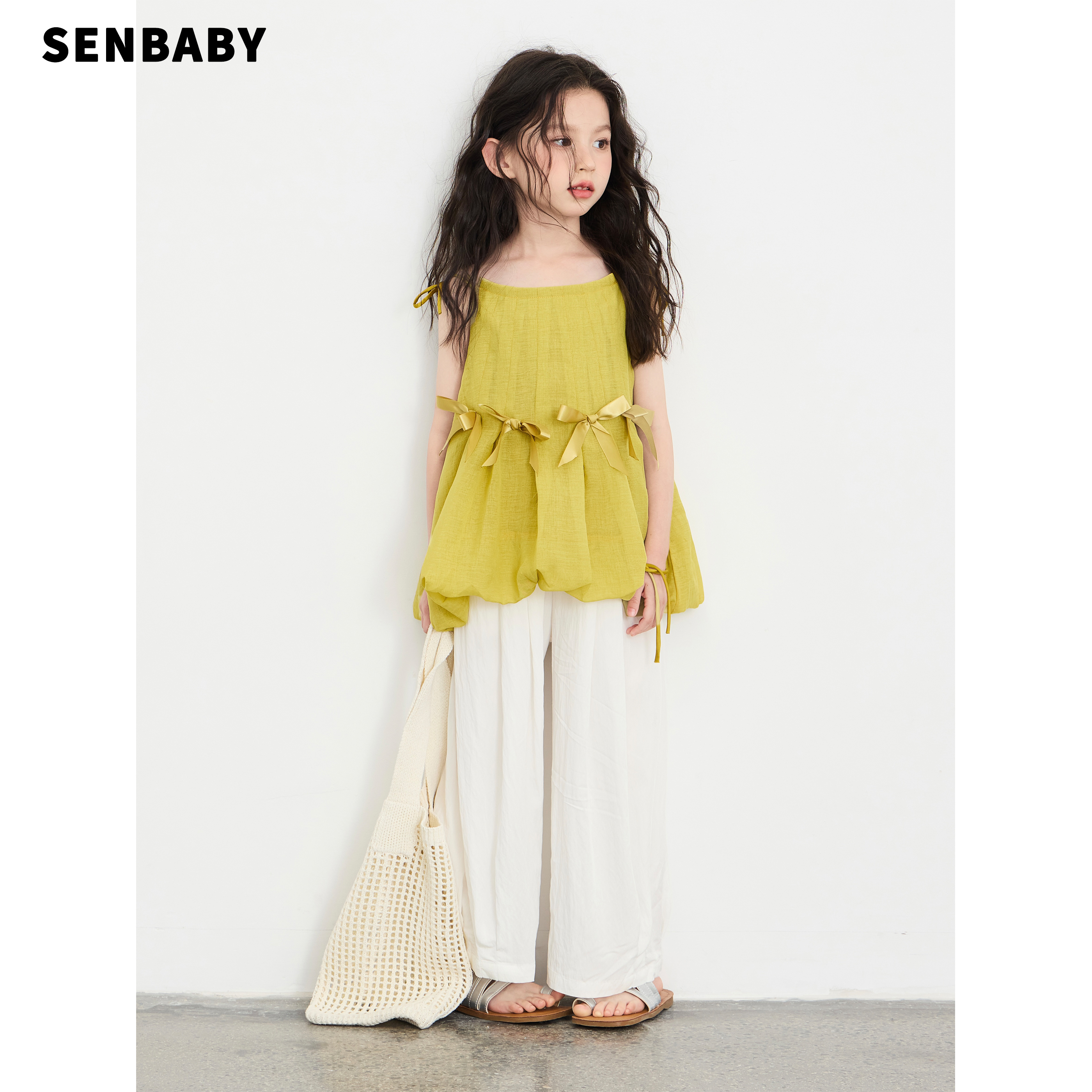 【现货】senbaby童装女童夏季新款吊带衫风白色收脚防蚊裤两件套
