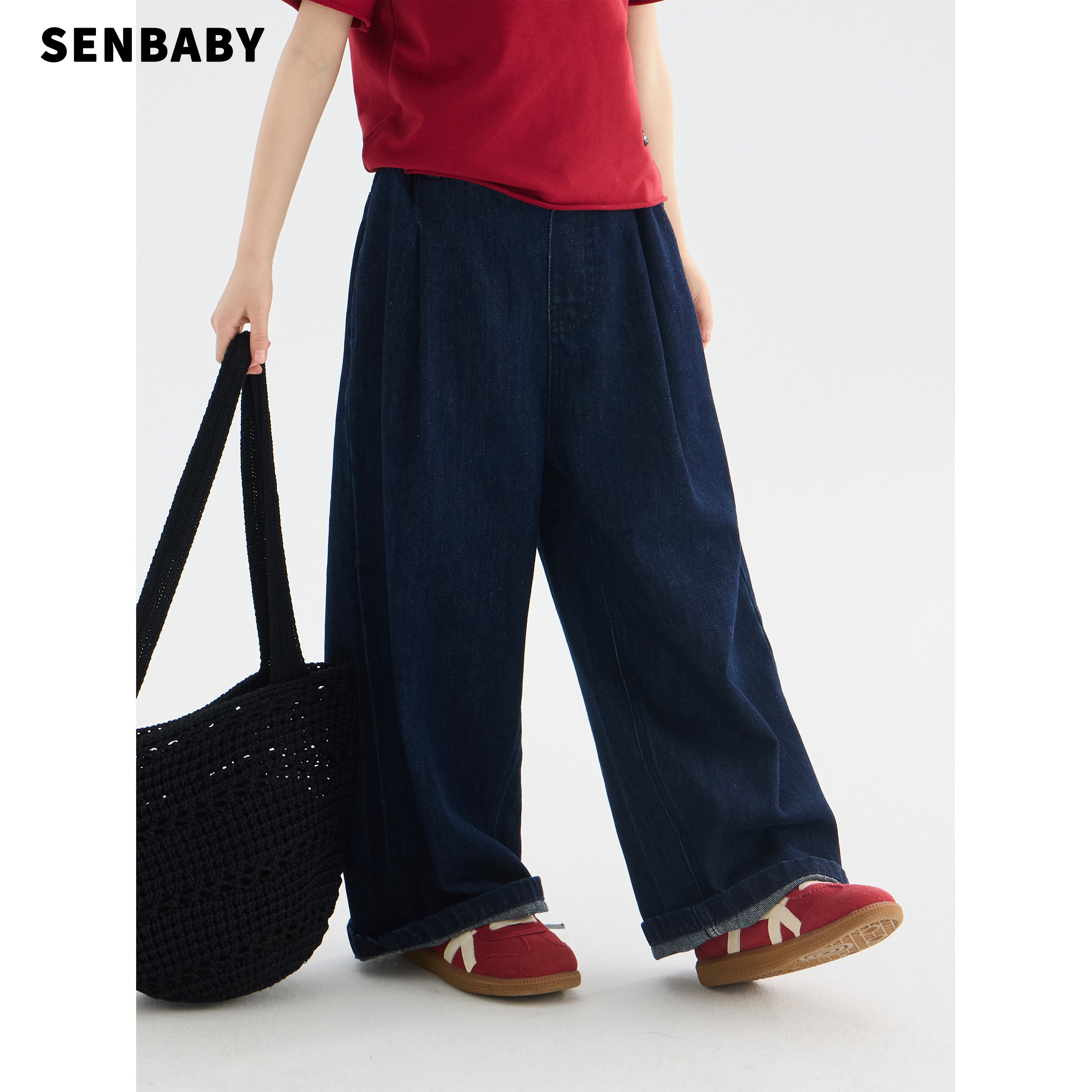 senbaby童装女童牛仔裤长款2026春季新款儿童纯色休闲直筒牛仔裤