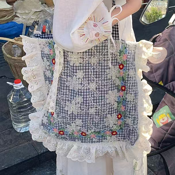森系田园风格纹刺绣蕾丝花边大容量单肩帆布包女包跨布包