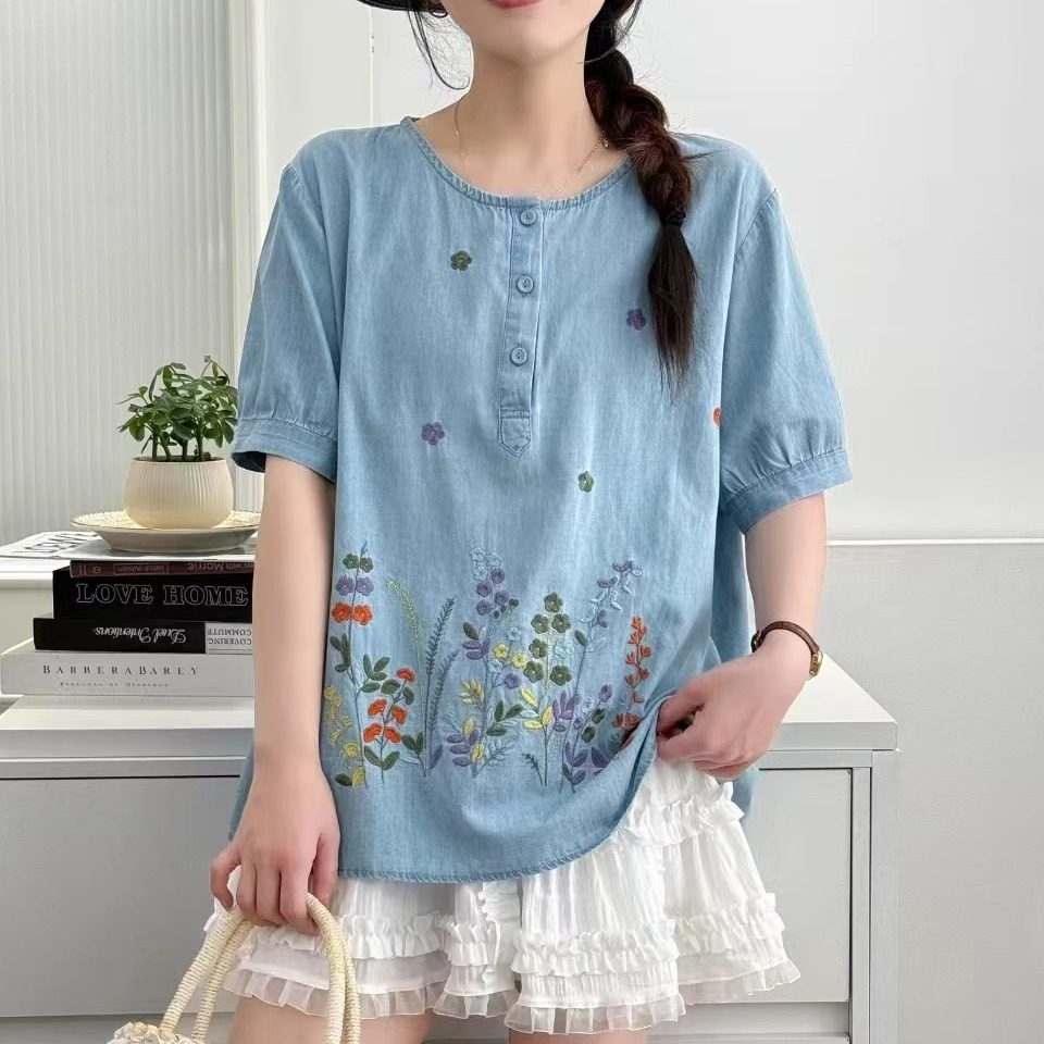 文艺复古刺绣圆领套头短袖牛仔衬衫女25夏季新款宽松简约休闲上衣
