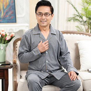 中老年睡衣男士纯棉长袖春秋冬季中年爸爸老人大码宽松家居服套装