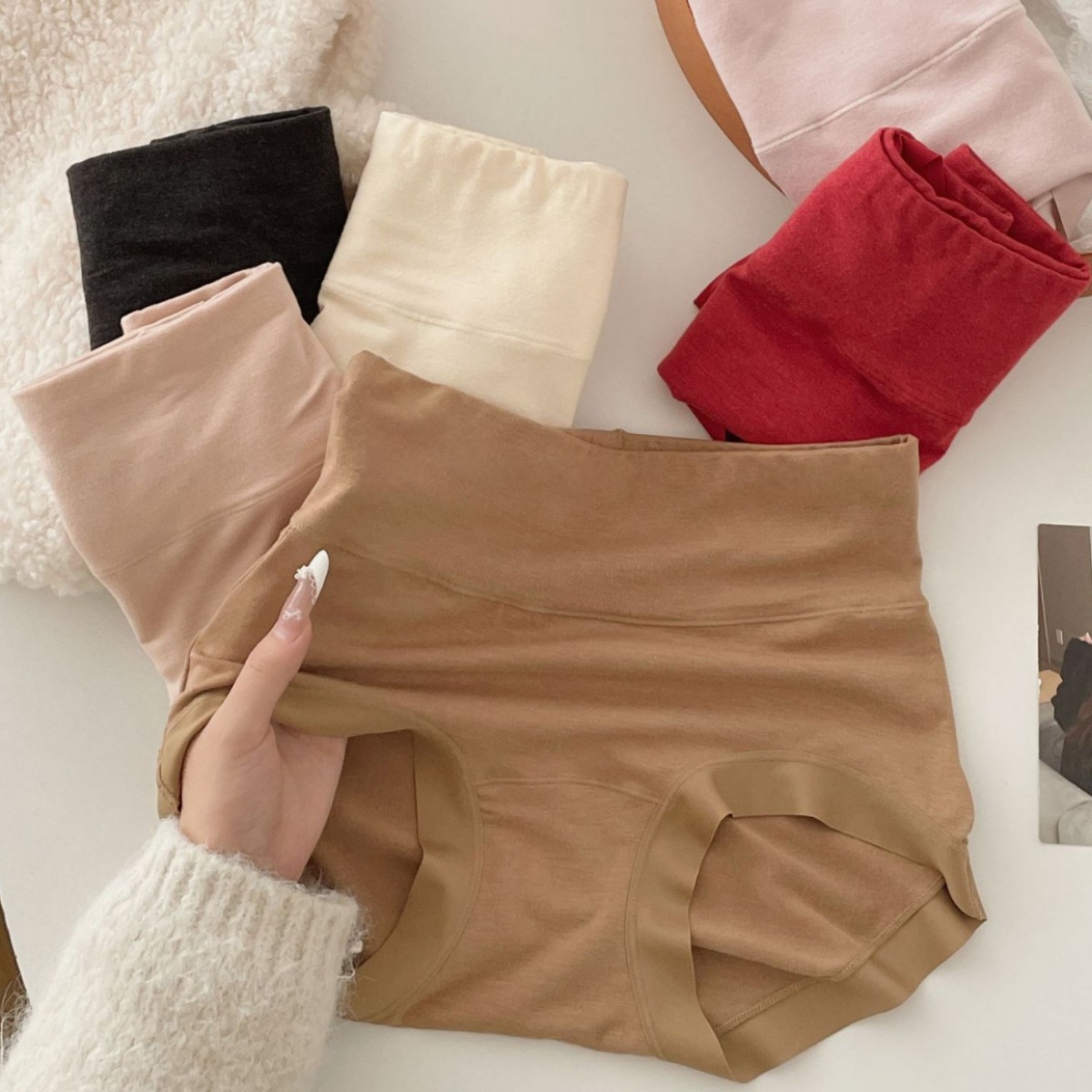 秋冬暖糯发热磨毛羊绒感高腰内裤