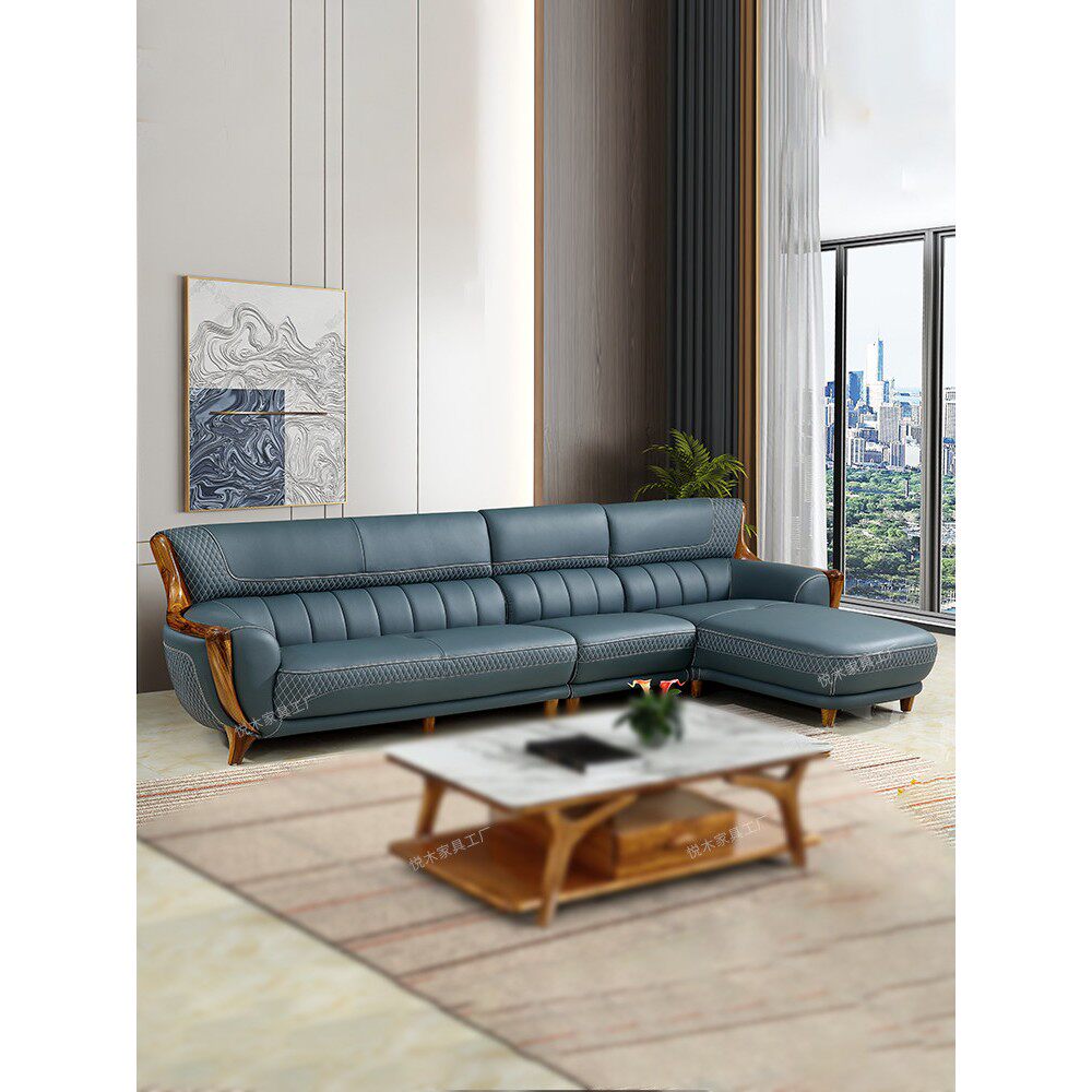 新中式皮艺沙发客厅直排组合乌金木实木牛皮现代转角贵妃家用沙发