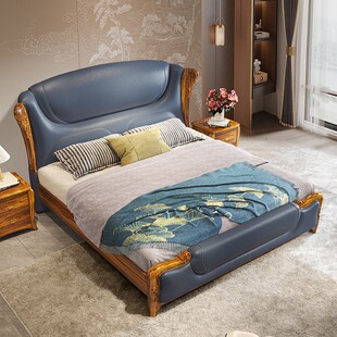 新中式乌金木真皮双人床实木大床家用客床高端别墅主卧室1米8婚床