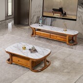 新中式 乌金木茶几电视柜实木大中小户型客厅家用大理石简约组合