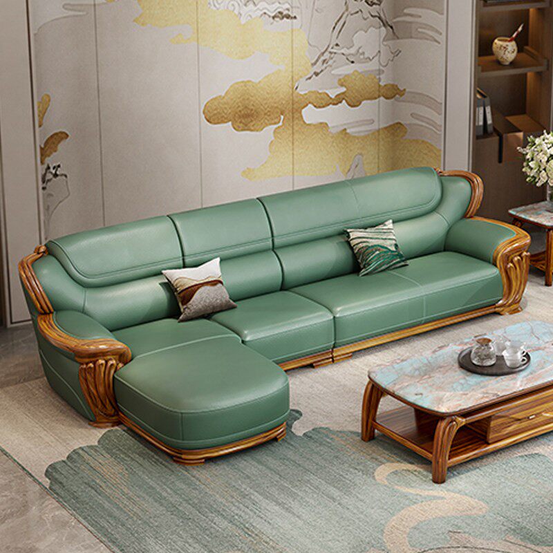 新中式乌金木真皮沙发高端豪华客厅简约家用实木家俱绿色贵妃组合