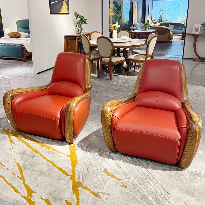 欧洛仕乌金木休闲椅懒人椅转椅中式主人椅单人真皮沙发客厅卧室