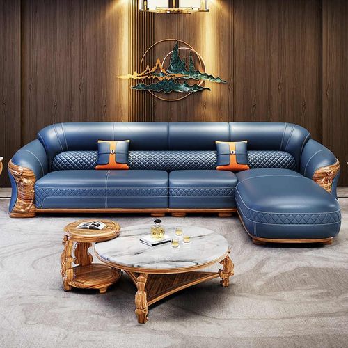 新中式非洲小乌金木实木创意设计头层黄牛皮特厚真皮转角鲤鱼沙发