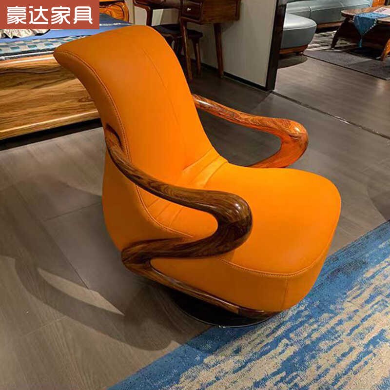 乌金木转椅欧式实木头层牛皮别墅豪宅书房茶桌休闲椅主卧单人沙发