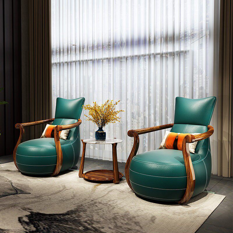 新中式现代乌金木真皮实木休闲椅北欧轻奢单人沙发懒人单椅9023