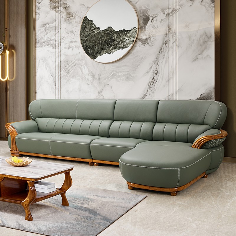乌金木真皮沙发转角贵妃组合新中式豪华别墅客厅家俱现代实木沙发