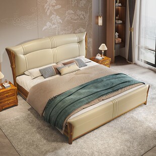 现代简约乌金木真皮床1米8双人家用高端卧室轻奢广东佛山主卧大床