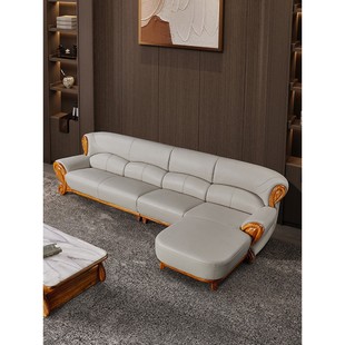 现代新中式 乌金木真皮沙发组合头层牛皮中小户型客厅转角贵妃沙发