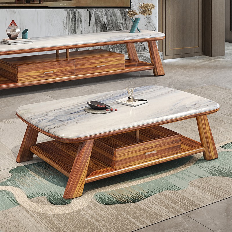 新中式乌金木茶几电视柜组合大理石客厅带抽屉实木小茶桌储物地柜