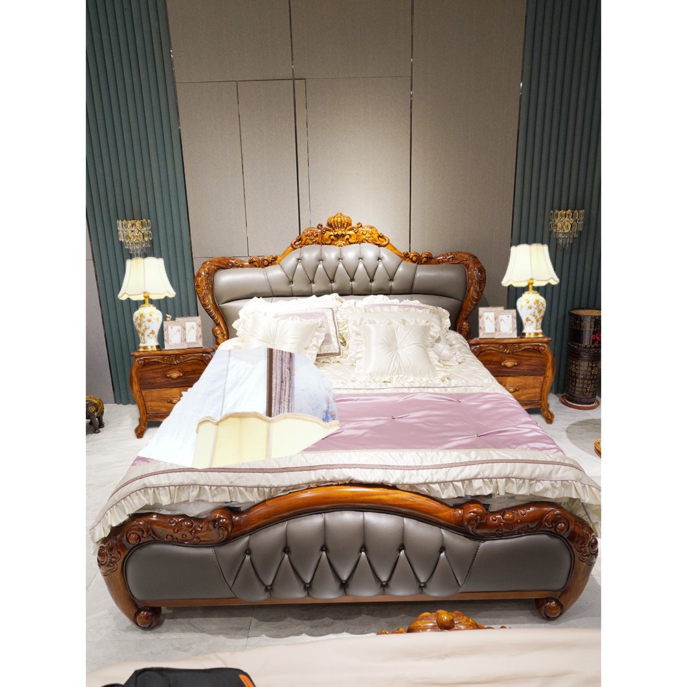 2024新款乌金木豪华真皮床欧式实木双人床大象雕花主卧佛山家具