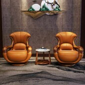 黑檀木新中式 休闲椅实木真皮单人椅设计师单人沙发高靠背椅