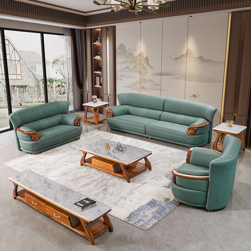乌金木真皮沙发现代新中式高端客厅别墅家用头层牛皮实木沙发组合
