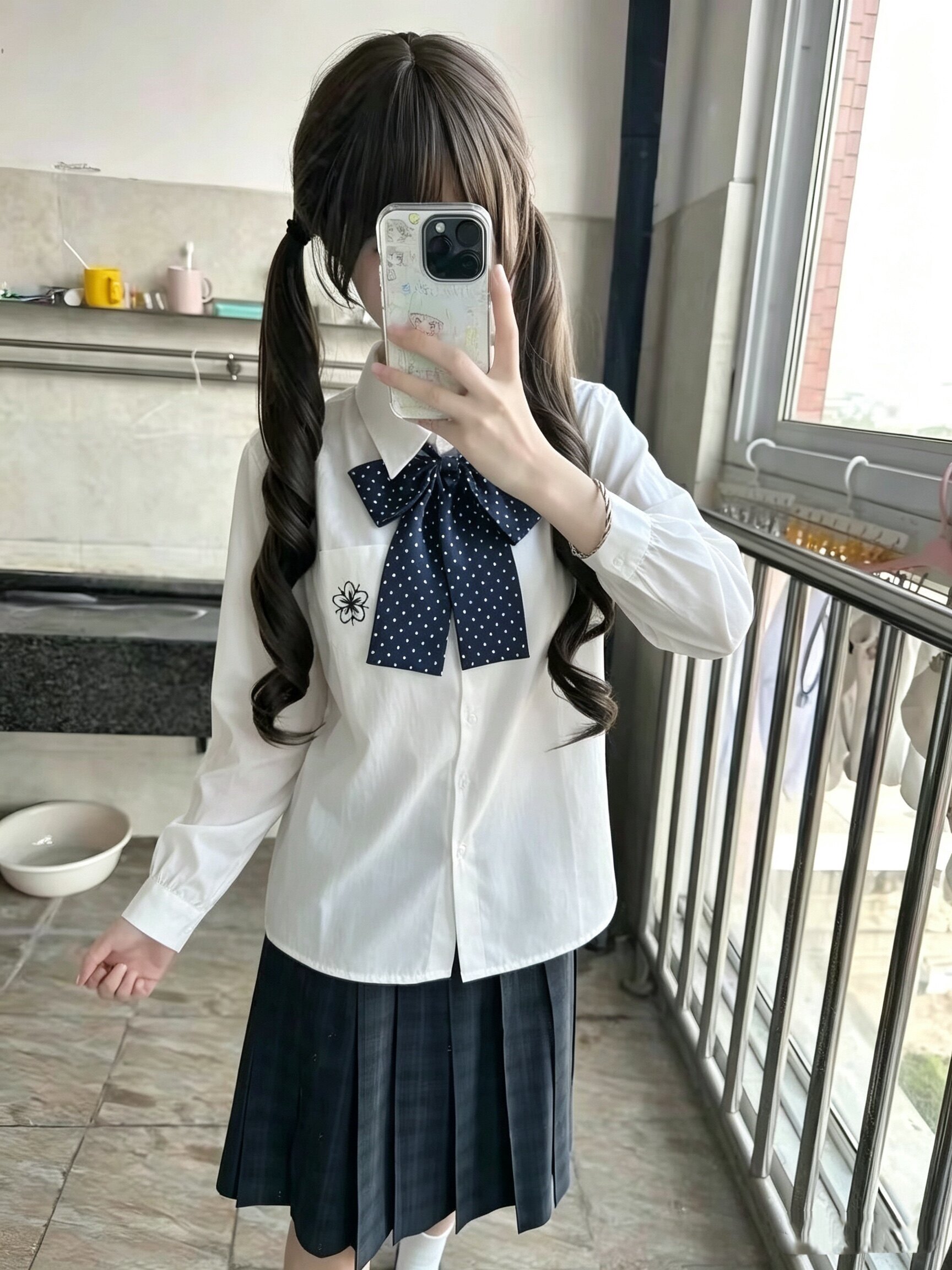 Jk制服秋冬女学生百搭樱花刺绣长袖衬衫叠穿海苔中裙小个子裙套装