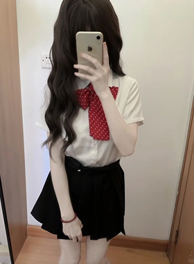 小个子日系jk制服套装夏季樱花刺绣短袖白衬衫叠穿黑色短裙三件套