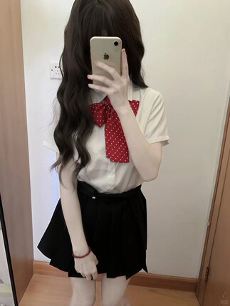 小个子日系jk制服套装夏季樱花刺绣短袖白衬衫叠穿黑色短裙三件套