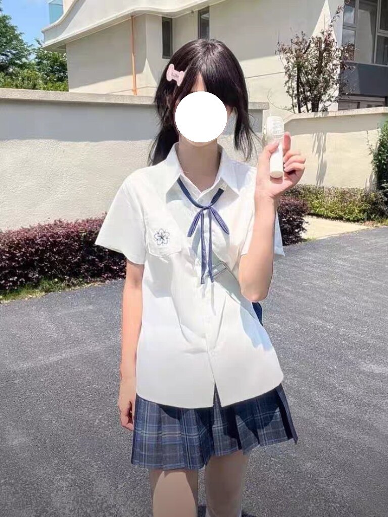 原创正版jk制服学院风百搭显瘦白色樱花刺绣短袖衬衫夏季简约上衣
