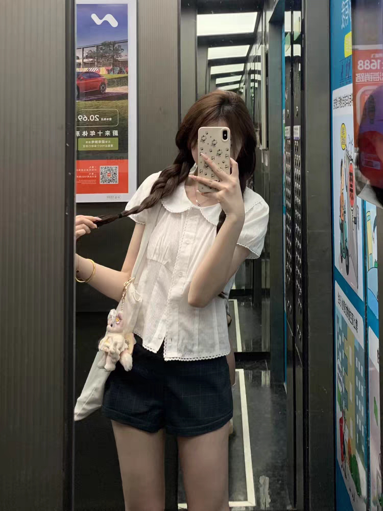 学院风甜美娃娃领花边拼接短袖衬衫夏季设计感系带收腰上衣女学生