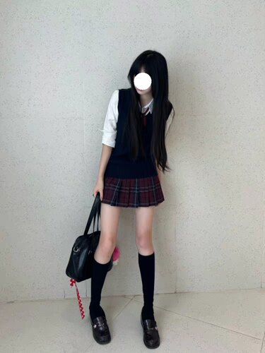 原创Jk制服日系藏青色套头背心马甲叠穿衬衫搭配玄红格裙辣妹套装
