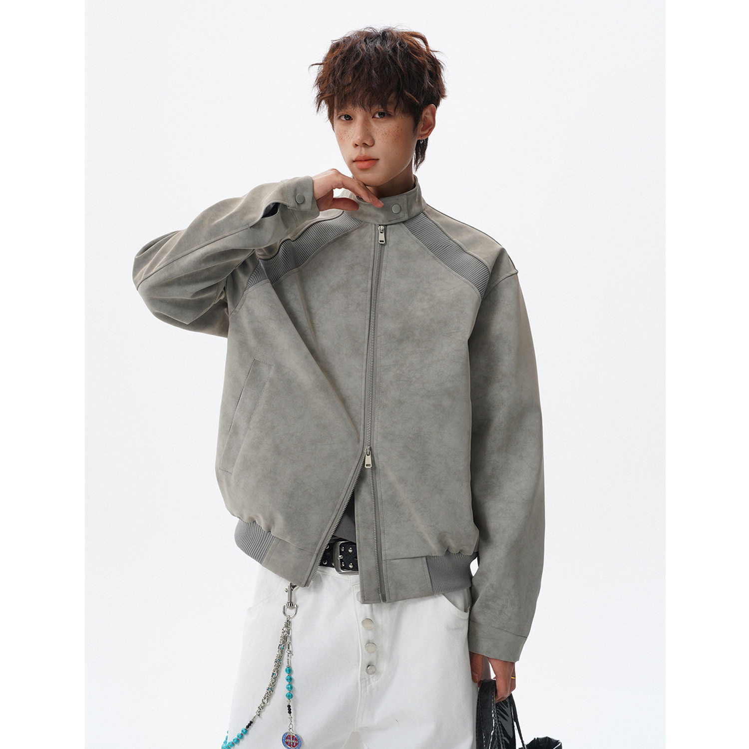 宅男社2026春装新款美式解构中性扎染pu立领皮夹克情侣外套男设计