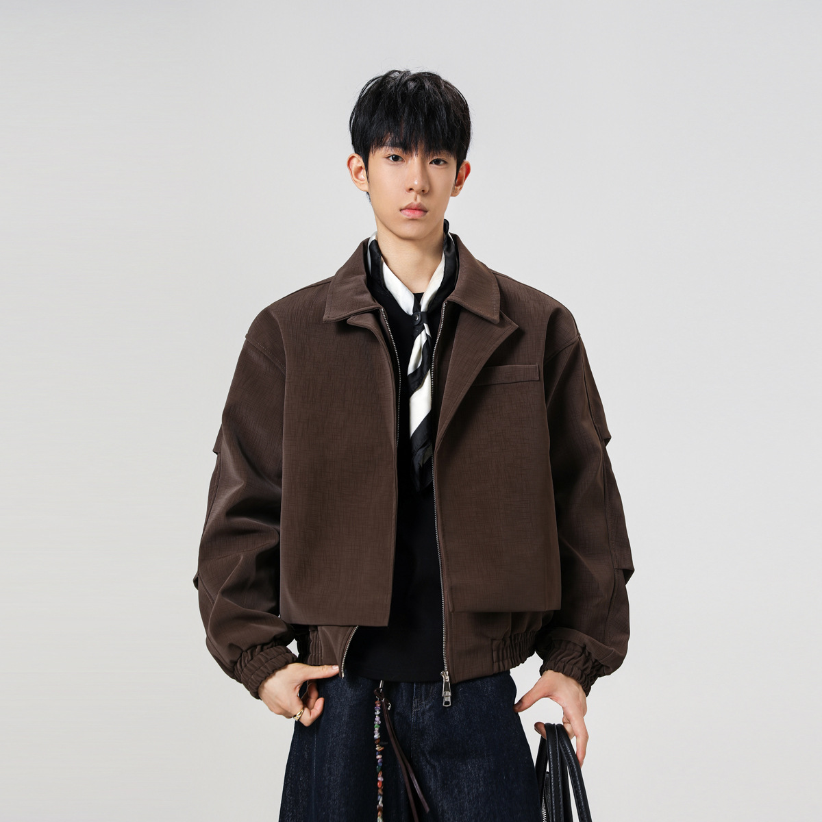 宅男社2025秋冬新款拼接结构外套皮衣宽松大码青少年高级设计感