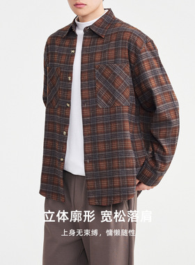 宅男社男装色织格纹磨毛衬衫男2025冬新款工装贴袋男士衬衣50360.