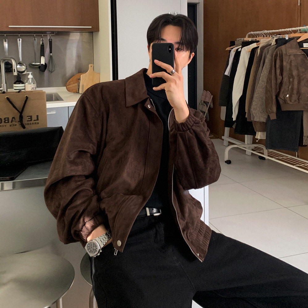 宅男社仿麂皮绒翻领短款夹克男士冬季宽松加厚外套韩系通勤风穿搭