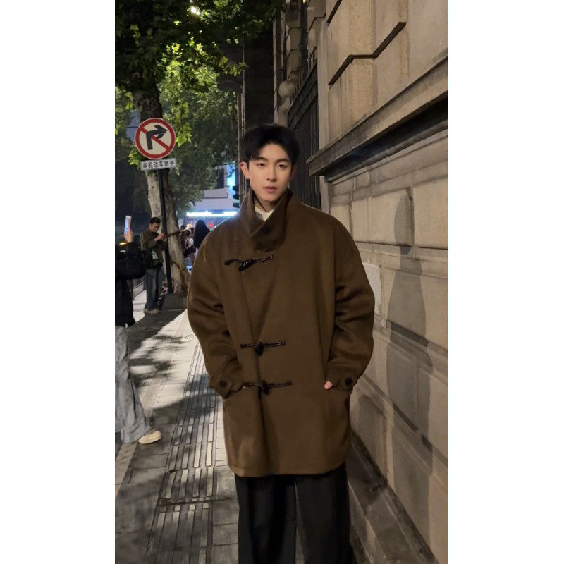 宅男社春秋新款男士英伦风中长款毛呢大衣过膝风衣呢子外套潮感