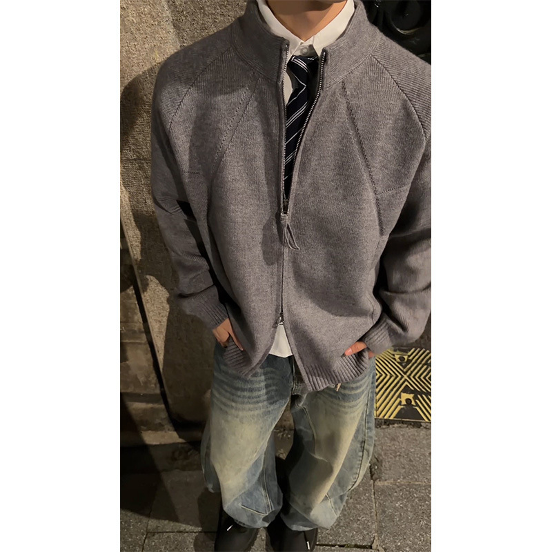 宅男社冬装新款男士立领双拉链毛衣男女款美式解构老钱风开衫设计